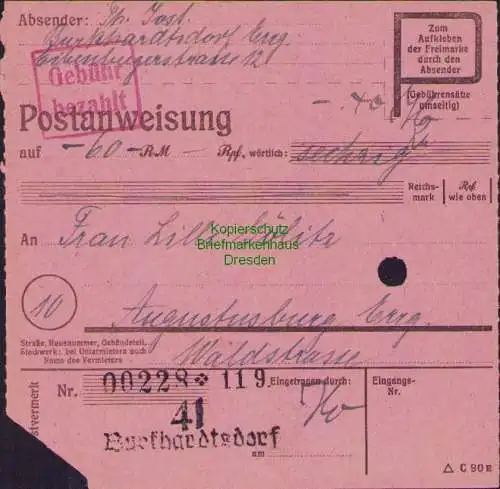 B16163 Gebühr bezahlt 1945 Postanweisung 41 Burkhardtsdorf Nummerator 11.9.45 na