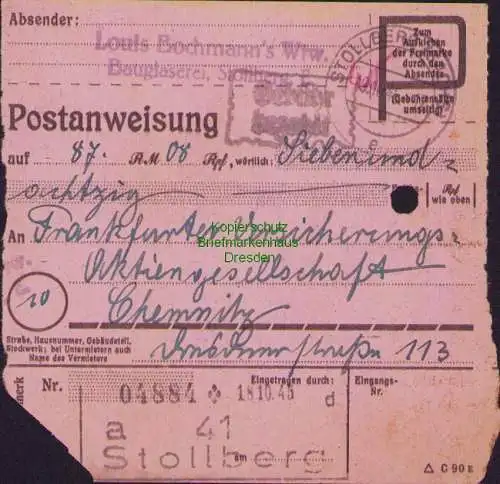 B16185 Gebühr bezahlt 1945 Postanweisung 41 Stollberg Nummerator 18.10.45 nach C