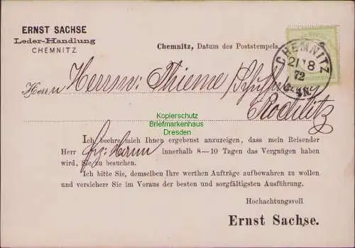 B15861 Vertreterkarte Postkarte DR 2a Chemnitz 1872 kleines Brustschild Rochlitz