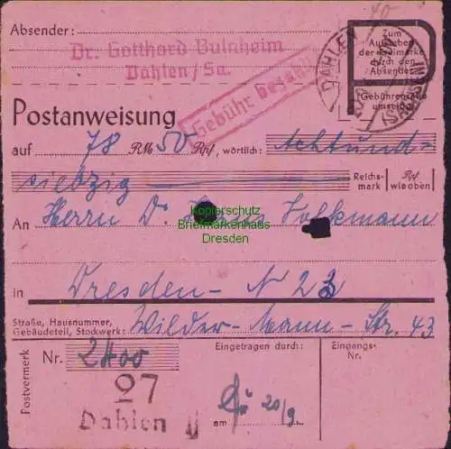 B16251 Gebühr bezahlt 1945 Postanweisung 27 Dahlen 20.9.45 nach Dresden