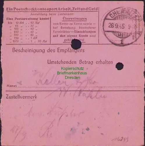 B16249 Gebühr bezahlt 1945 Postanweisung 27 Dahlen 22.9.45 nach Chemnitz