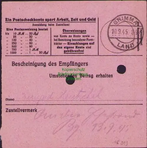 B16309  Gebühr bezahlt 1945 Postanweisung 27 Wurzen Nummerator 6.9.45 nach Kling