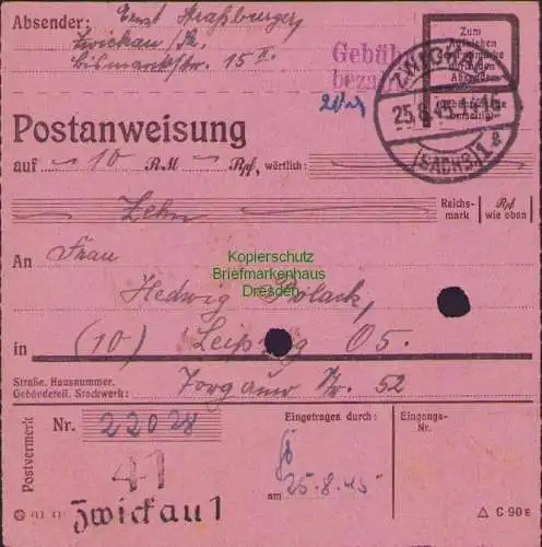 B16270 Gebühr bezahlt 1945 Postanweisung 41 Zwickau 1 25.8.45 nach Leipzig