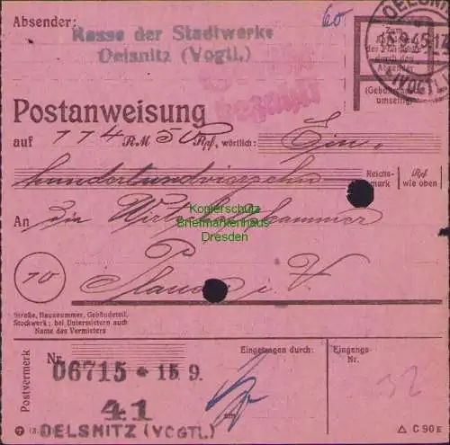 B16206 Gebühr bezahlt 1945 Postanweisung 41 Oelsnitz Vogtl. Nummerator 15.9.45 n