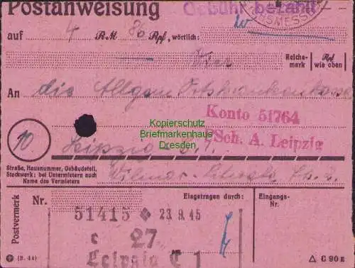 B16269 Gebühr bezahlt 1945 Postanweisung 27 Leipzig C1 c Nummerator 23.9.45 inne
