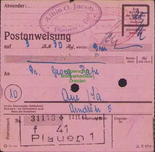 B16395 Gebühr bezahlt 1945 Postanweisung 41 Plauen 1f Nummerator 12.12.45 nach A