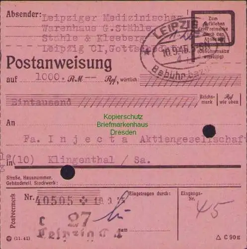 B16253 Gebühr bezahlt 1945 Postanweisung 27 Leipzig C4 Nummerator 10.9. nach Kin