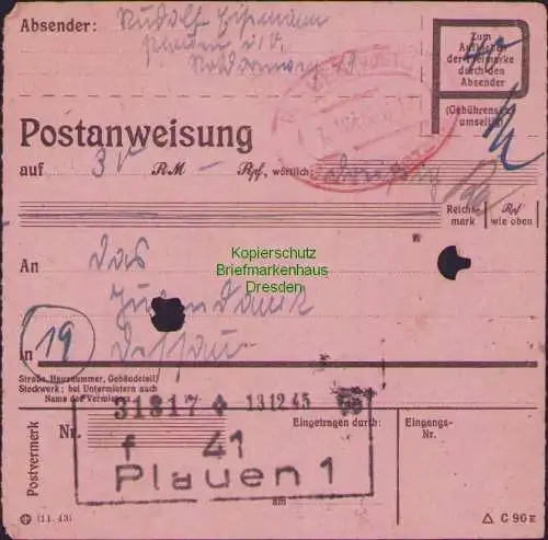 B16347 Gebühr bezahlt 1945 Postanweisung 41 Plauen 1f Nummerator 13.12.45 nach D