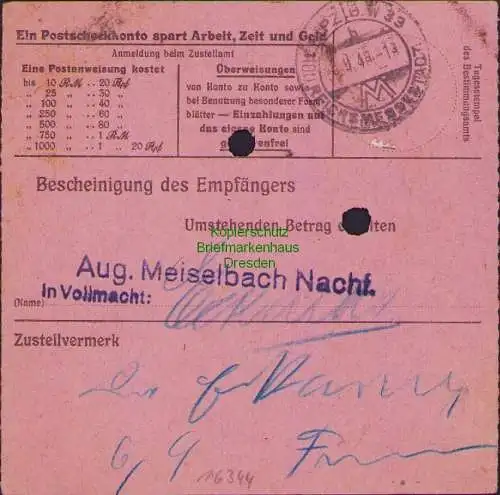 B16344 Gebühr bezahlt 1945 Postanweisung 41 Plauen 1e Nummerator 4.9.45 nach Lei