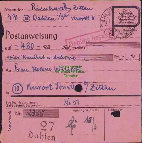 B16325  Gebühr bezahlt 1945 Postanweisung 27 Dahlen 18.9.45 nach Kurort Johnsdor