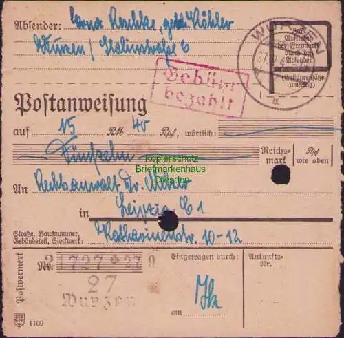 B16305  Gebühr bezahlt 1945 Postanweisung 27 Wurzen Nummerator 27.9.45 nach Leip