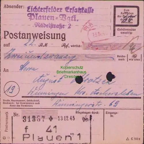 B16341 Gebühr bezahlt 1945 Postanweisung 41 Plauen 1f Nummerator 13.12.45 nach W