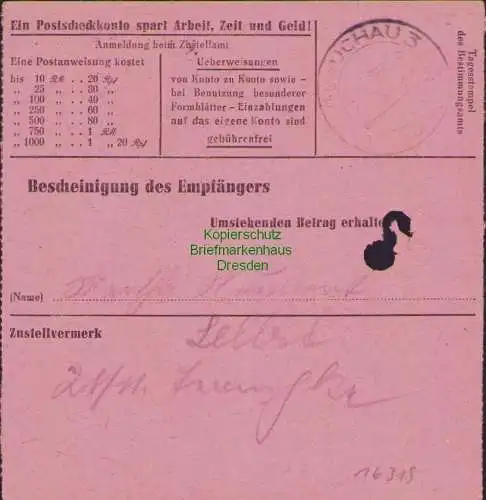 B16319  Gebühr bezahlt 1945 Postanweisung 41 Glauchau 2 20.11.45 innerhalb Glauc