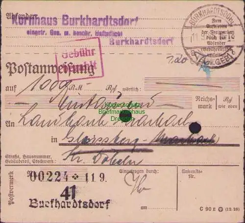 B16234 Gebühr bezahlt 1945 Postanweisung 41 Burkhardtsdorf Nummerator 11.9.45 na