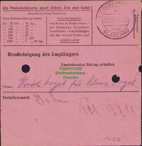 B16320  Gebühr bezahlt 1945 Postanweisung 41 Glauchau 2 20.11.45 nach Niederlung