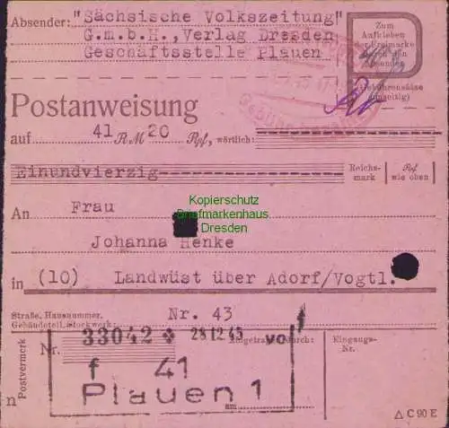 B16354 Gebühr bezahlt 1945 Postanweisung 41 Plauen 1f Nummerator 28.12.45 nach A