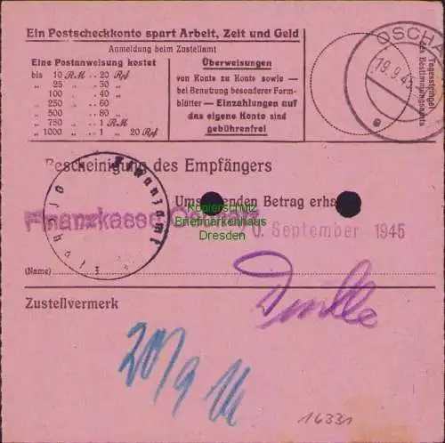 B16331 Gebühr bezahlt 1945 Postanweisung 27 Dahlen 18.9.45 nach Oschatz