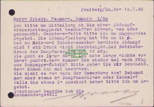 B16776 SBZ Währungsreform 11.7.48 Ganzsache Freiberg Zehnfach Wertstempel