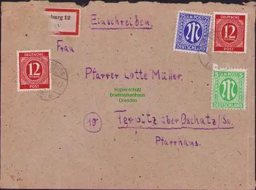 B16867 AM Post Brief Einschreiben Augsburg nach Terpitz über Oschatz 28.2.1946