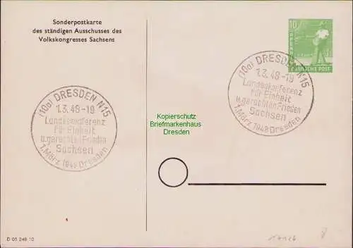 B17126 SBZ Reklame Propaganda Gedenkkarte Volkskongress Sachsen 1948