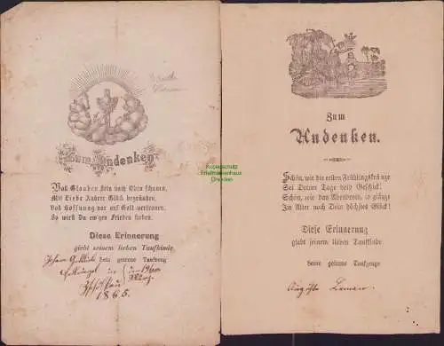 B17210 2x Spruchzettel aus Taufbrief Taufpatenbrief 1865 Zschölkau bei Krostitz