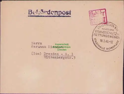 B17031 SBZ Währungsreform 1948 Gebühr bezahlt Behördenpost SST Brandschutz