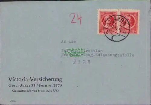 B17322 Brief SBZ Thüringen Victoria Versicherung KFZ Zulassungsstelle Gera