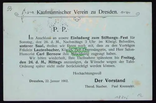 B18245 Dresden 1902  Ganzsache Kaufmännischer Verein  Einladung Stiftungsfest