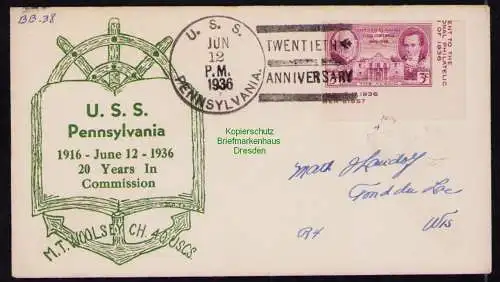 B18283 USA Brief mit Schmuckzudruck 1936  U. S. S. Pennsylvania 20 Years in Comm