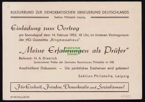 B18633 DDR Privatganzsache Köpfe 1953 mit Zudruck Einladung zu Vortrag Dietrich