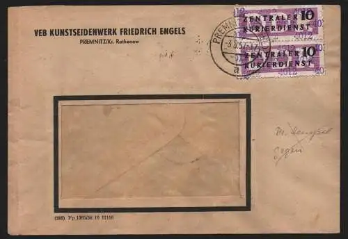 B13926 DDR ZKD Brief 1957 2x10 4012 Rathenow VEB Kunstseidenwerk Friedrich Engel