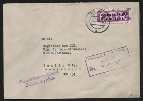 B13908 DDR ZKD Brief 1957 11 4003 Gransee VEB Bekleidungswerk Zehdenick an Regie