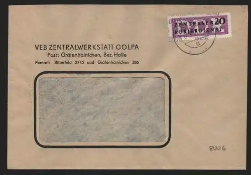 B14021 DDR ZKD Brief 1957 11 8006 Gräfenhainichen VEB Zentralwerkstatt Golpa an