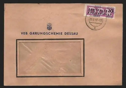 B14038 DDR ZKD Brief 1957 15 8015 Dessau  VEB Gärungschemie Dessau an nach Berli