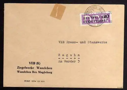 B1407 DDR ZKD 11 Kontrollzahl 7018 Brief Wanzleben geprüft BPP VEB Ziegelwerke