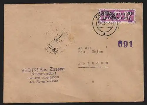 B13931B DDR ZKD Brief 1957 15 4014 Zossen VEB (K) Bau Rangsdorf an Bau-Union Pot