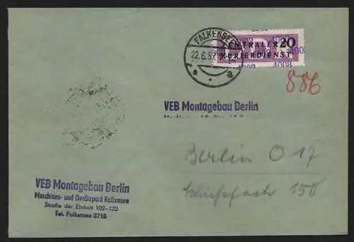 B13917 DDR ZKD Brief 1957 11 4008 Nauen VEB Montagebau Berlin Gerätepark Falkens