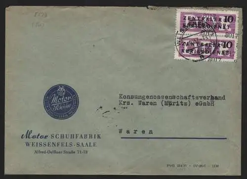 B14044 DDR ZKD Brief 1957 2x10 8017 Weißenfels Motor Schuhfabrik  an Konsum Ware
