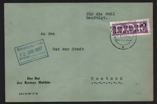 B13884 DDR ZKD Brief 1957 11 3004 Malchin Rat des Kreises  an Rat der Stadt Rost