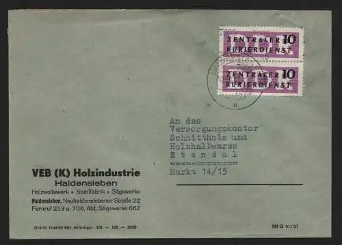 B13980 DDR ZKD Brief 1957 2x10 7005 Haldensleben VEB (K) Holzindustrie an Versor