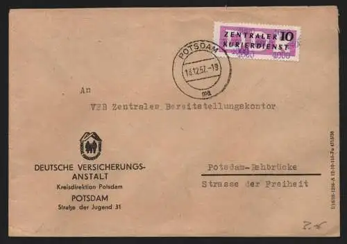 B13902 DDR ZKD Brief 1957 14 4000 Potsdam Deutsche Versicherungsanstalt  an Orts