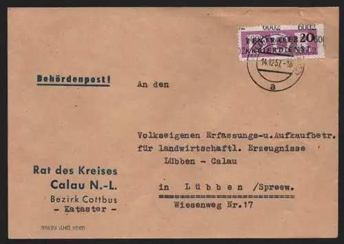 B13951 DDR ZKD Brief 1957 15 6002 Calau Rat des Kreises  an nach Lübben Spreewal