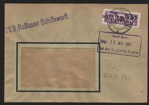 B14053 DDR ZKD Brief 1957 11 8020 Roßlau VEB Roßlauer Schiffswerft an Rat des St