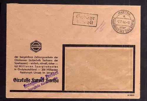 B1974 Brief SBZ Gebühr bezahlt 1948 Währungsreform Hartha über Tharandt Bz. Dres