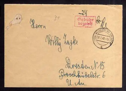 B1980 Brief SBZ Gebühr bezahlt 1948 Währungsreform Weixdorf Kr. Dresden