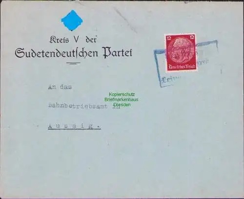 B21323 Brief Sudetendeutsche Partei Leipa (?) nach Aussig Notstempel 1938