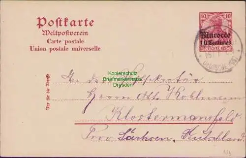 B21254 Ganzsache Marokko P 10 Y Rabat Marocco 1909 nach Klostermansfeld