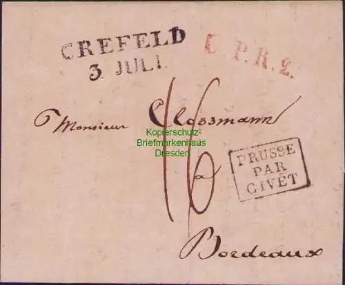 B21439 Vorphila Faltbrief Preussen Krefeld Crefeld L. P. R. 2. Prusse par Givet