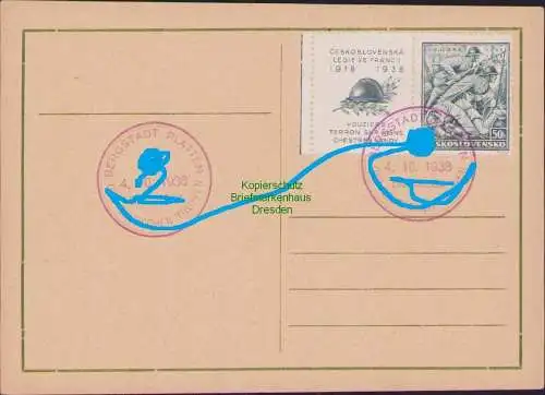 B21308 Postkarte Bergstadt Platten Erzgebirge 1938 Befreiungsstempel Einmarsch