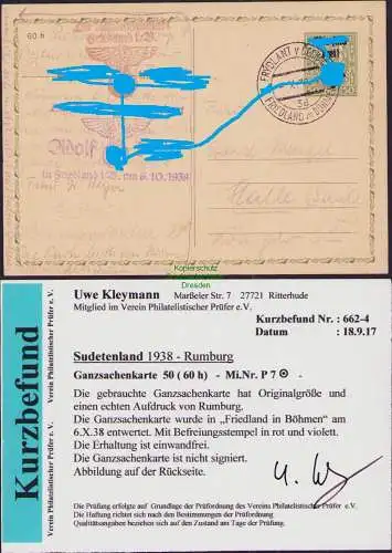 B21295 Ganzsache Sudetenland 1938 P 7 Friedland in Böhmen 1938 Befreiungsstempel